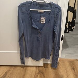 Free People Blue Long Sleeve Top with Embroidered Sleeves